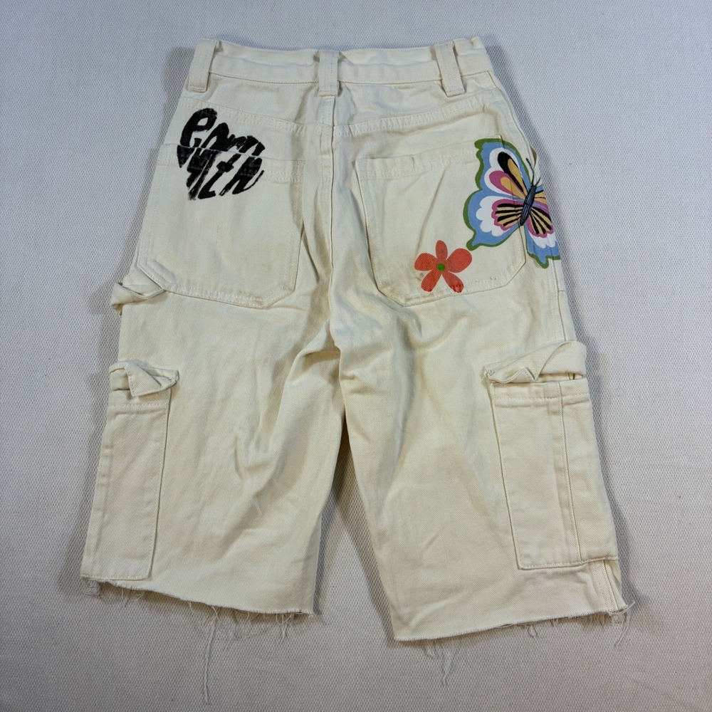 PacSun High Rise Carpenter Shorts 22 Off White Butterfly Flower Graphic Utility‎